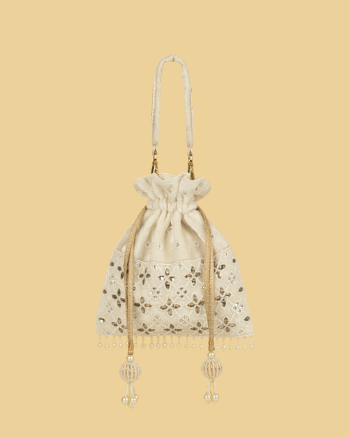 ELARA Pearl Embellished Potli Bag - Off White