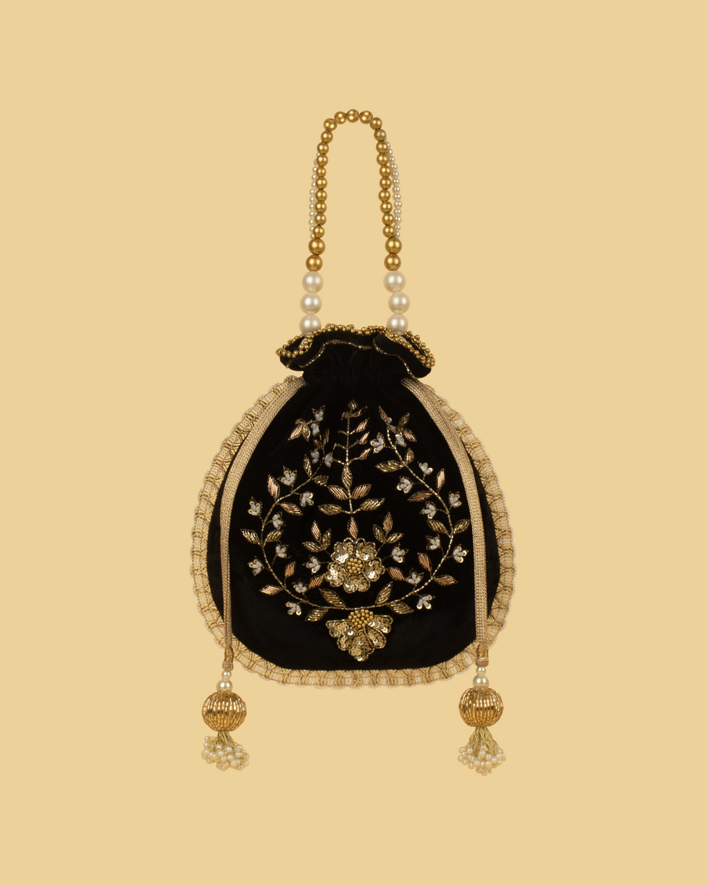 MEHER Velvet Embroidered Potli Bag - Black
