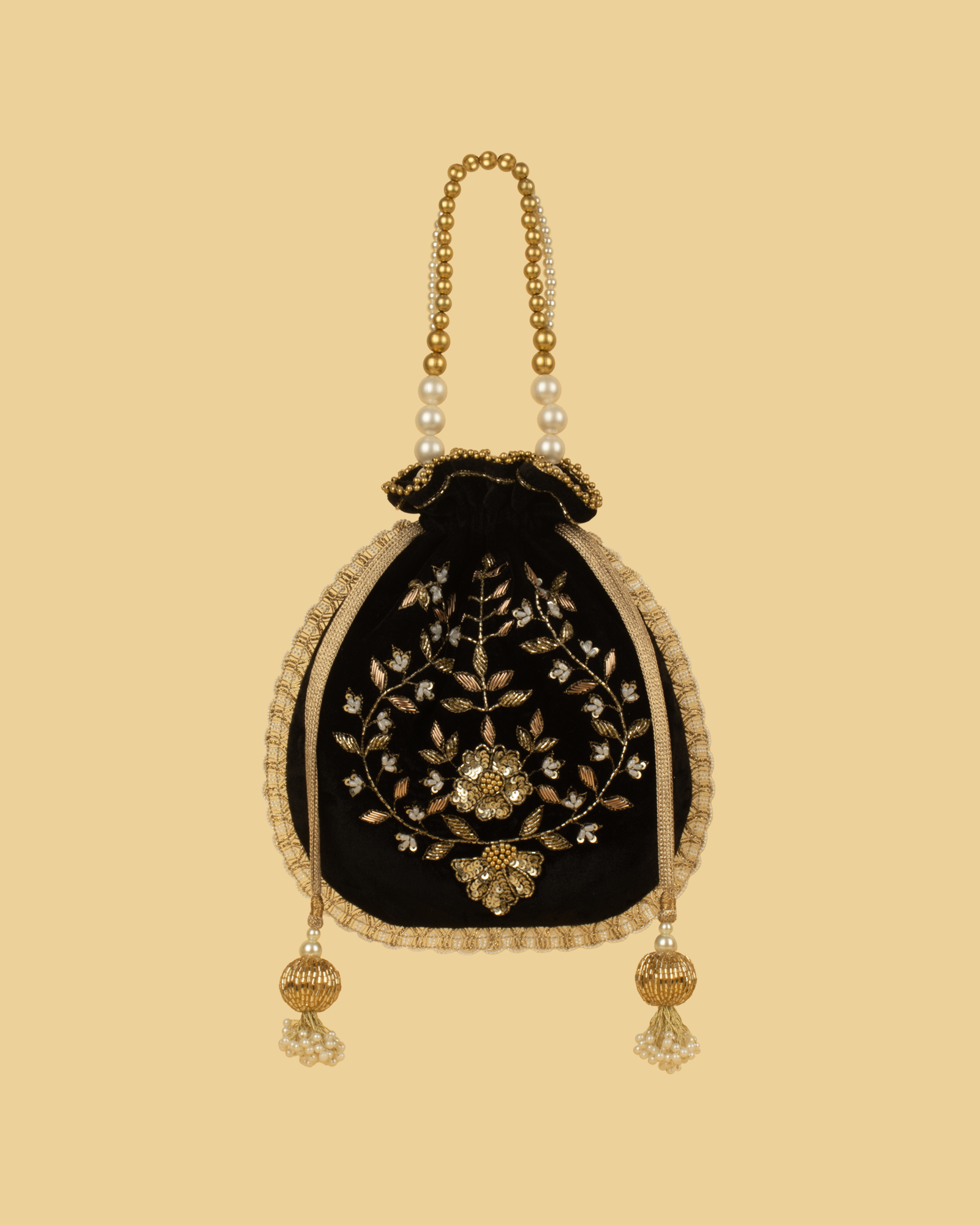 MEHER Velvet Embroidered Potli Bag - Black