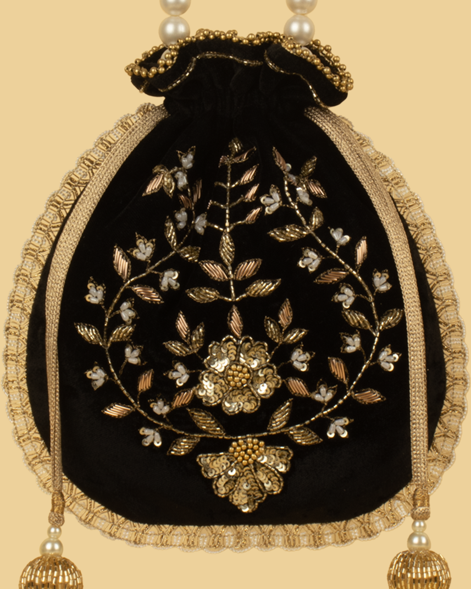 MEHER Velvet Embroidered Potli Bag - Black