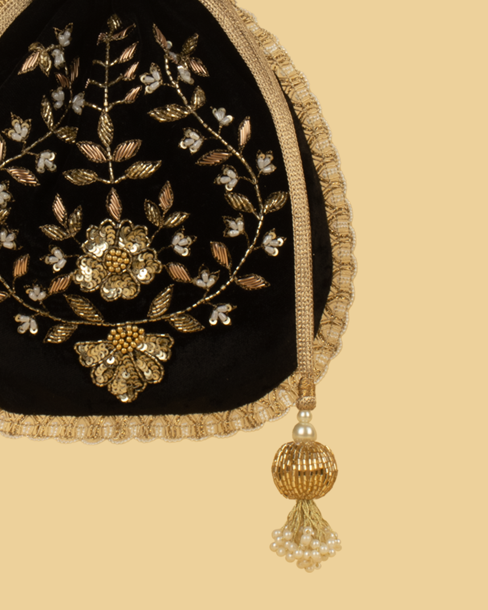 MEHER Velvet Embroidered Potli Bag - Black