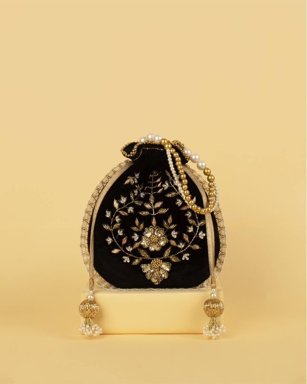 MEHER Velvet Embroidered Potli Bag - Black