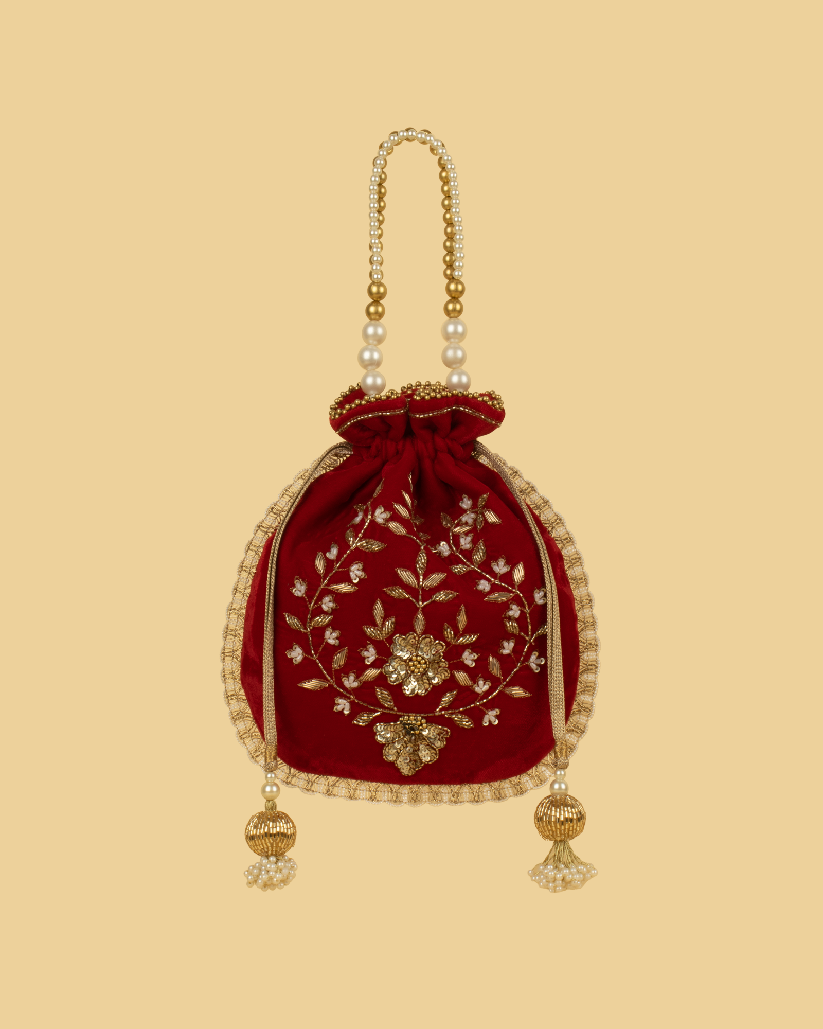 MEHER Velvet Embroidered Potli Bag - Maroon