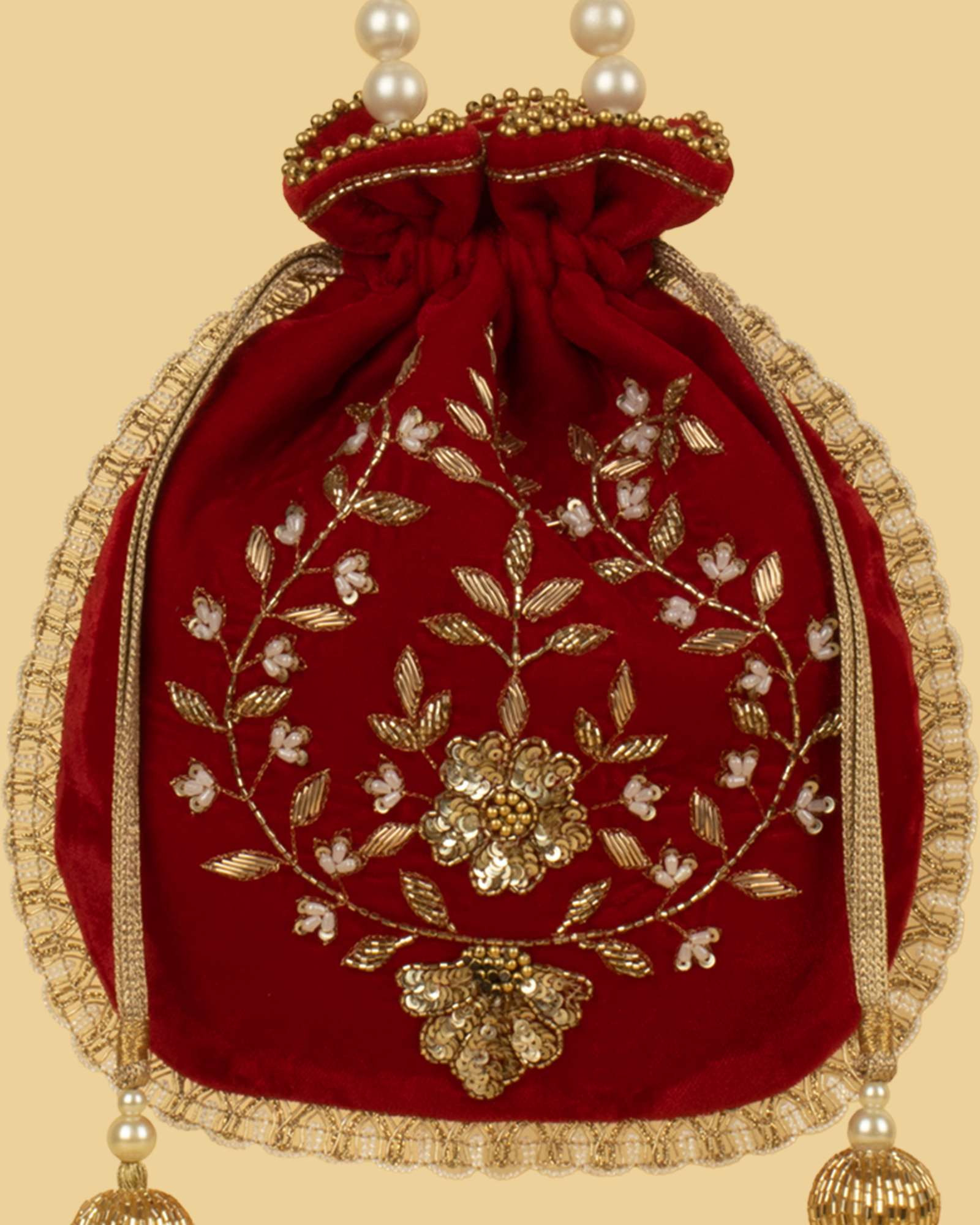 MEHER Velvet Embroidered Potli Bag - Maroon