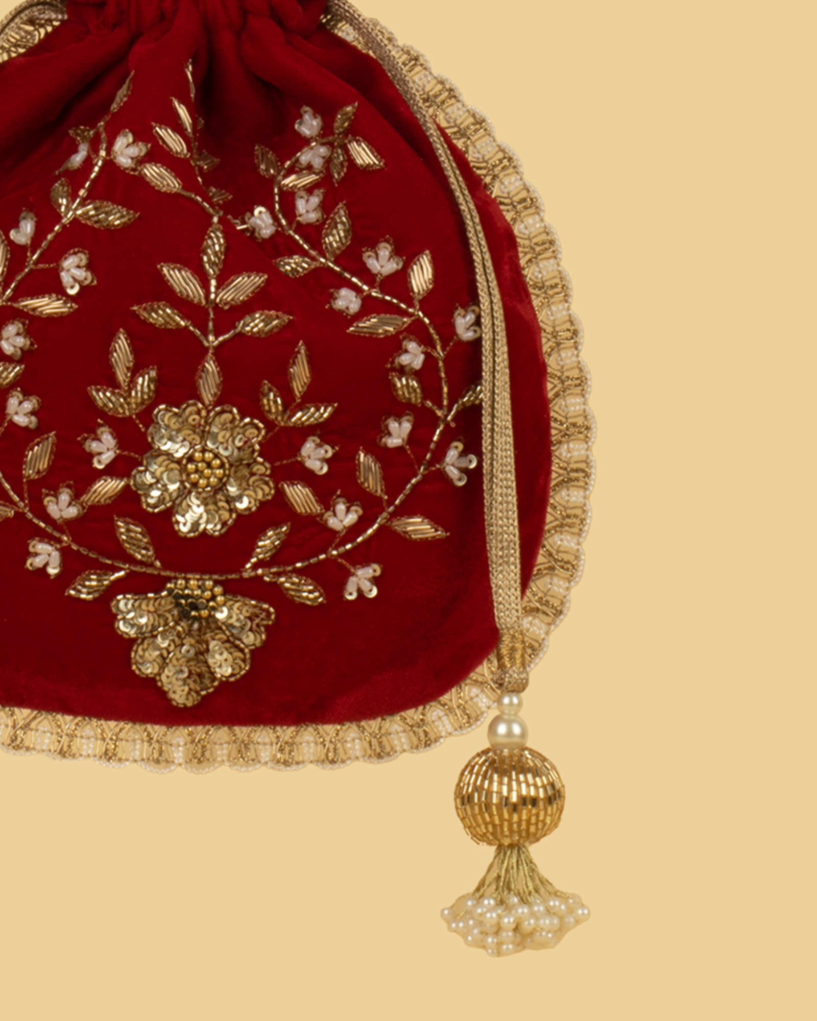 MEHER Velvet Embroidered Potli Bag - Maroon