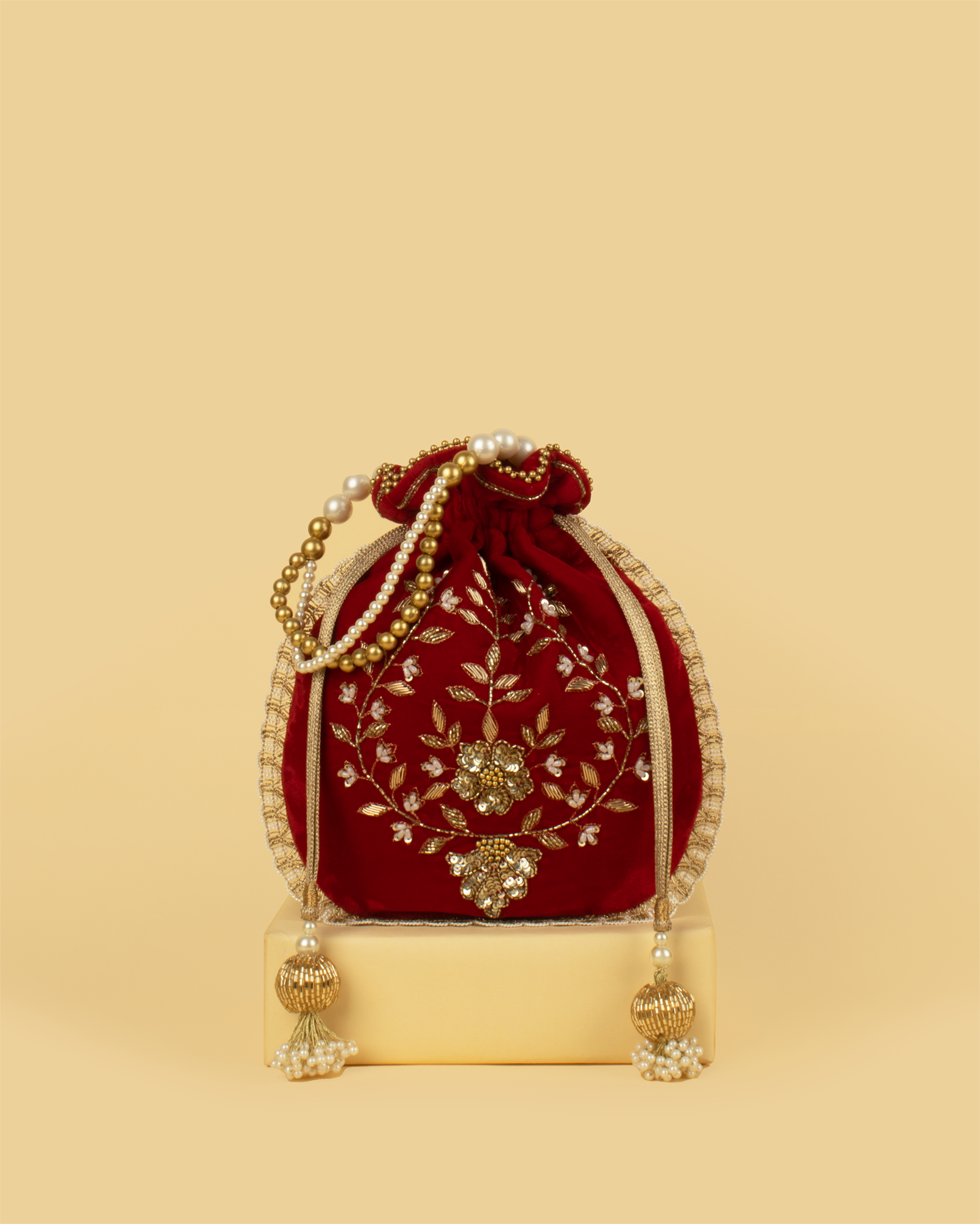 MEHER Velvet Embroidered Potli Bag - Maroon