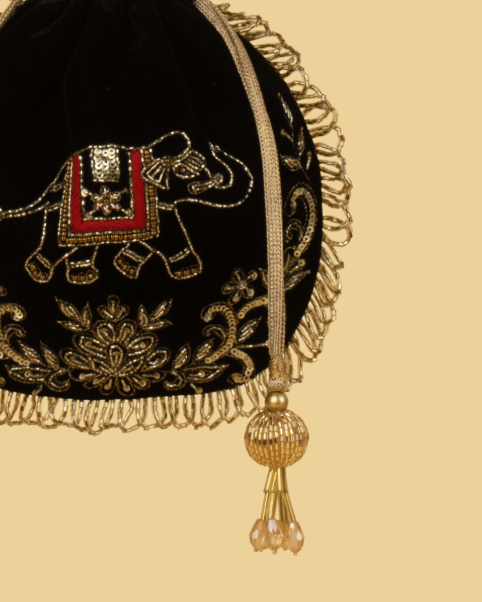 VARA Velvet Elephant Motif Potli Bag - Black