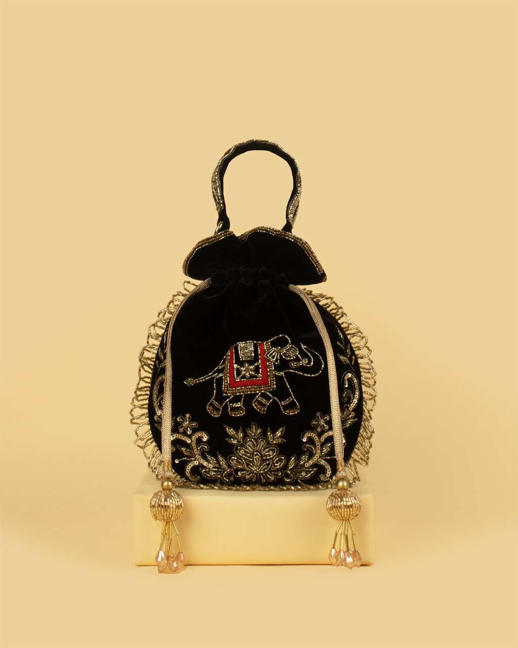 VARA Velvet Elephant Motif Potli Bag - Black