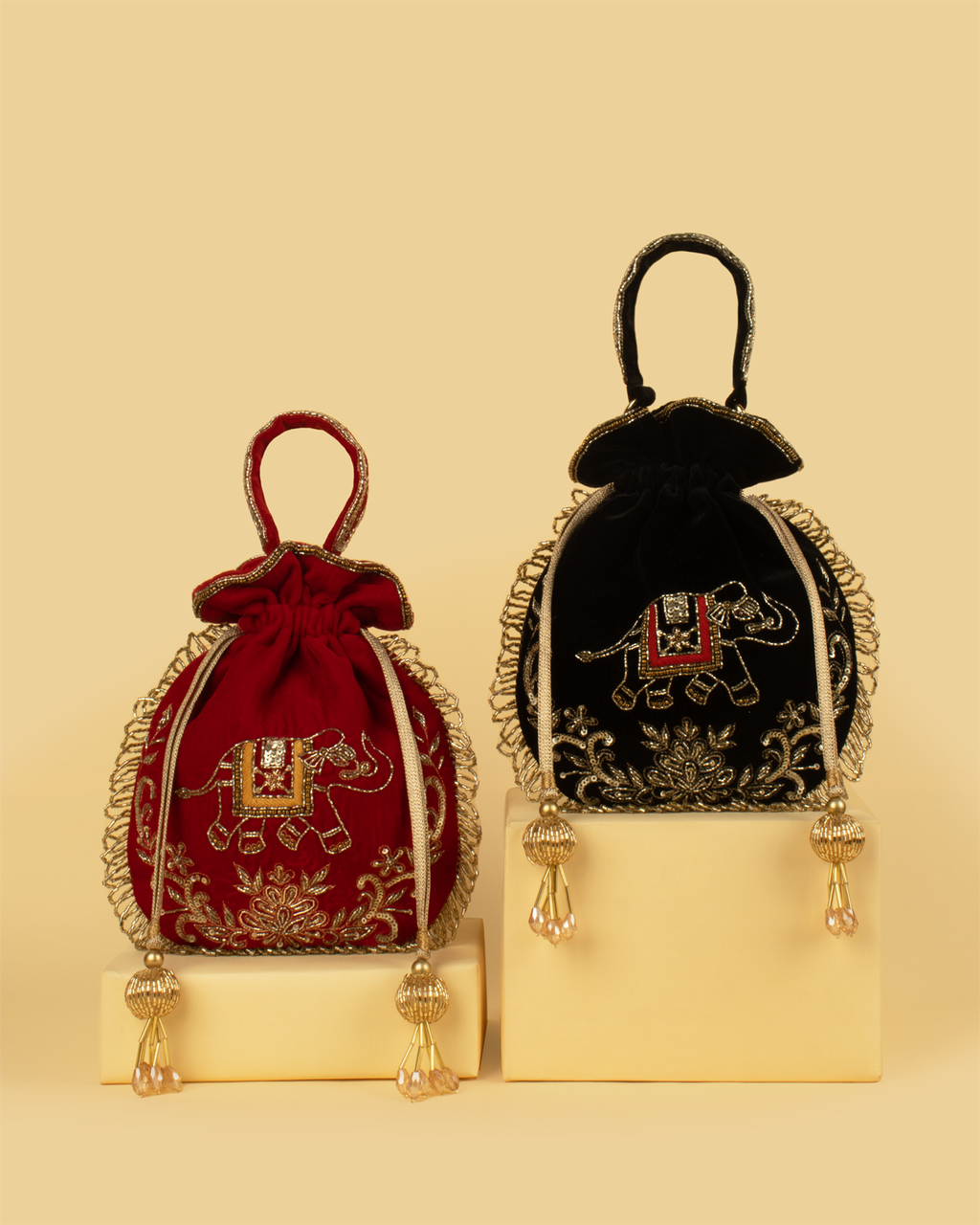 VARA Velvet Elephant Motif Potli Bag - Black