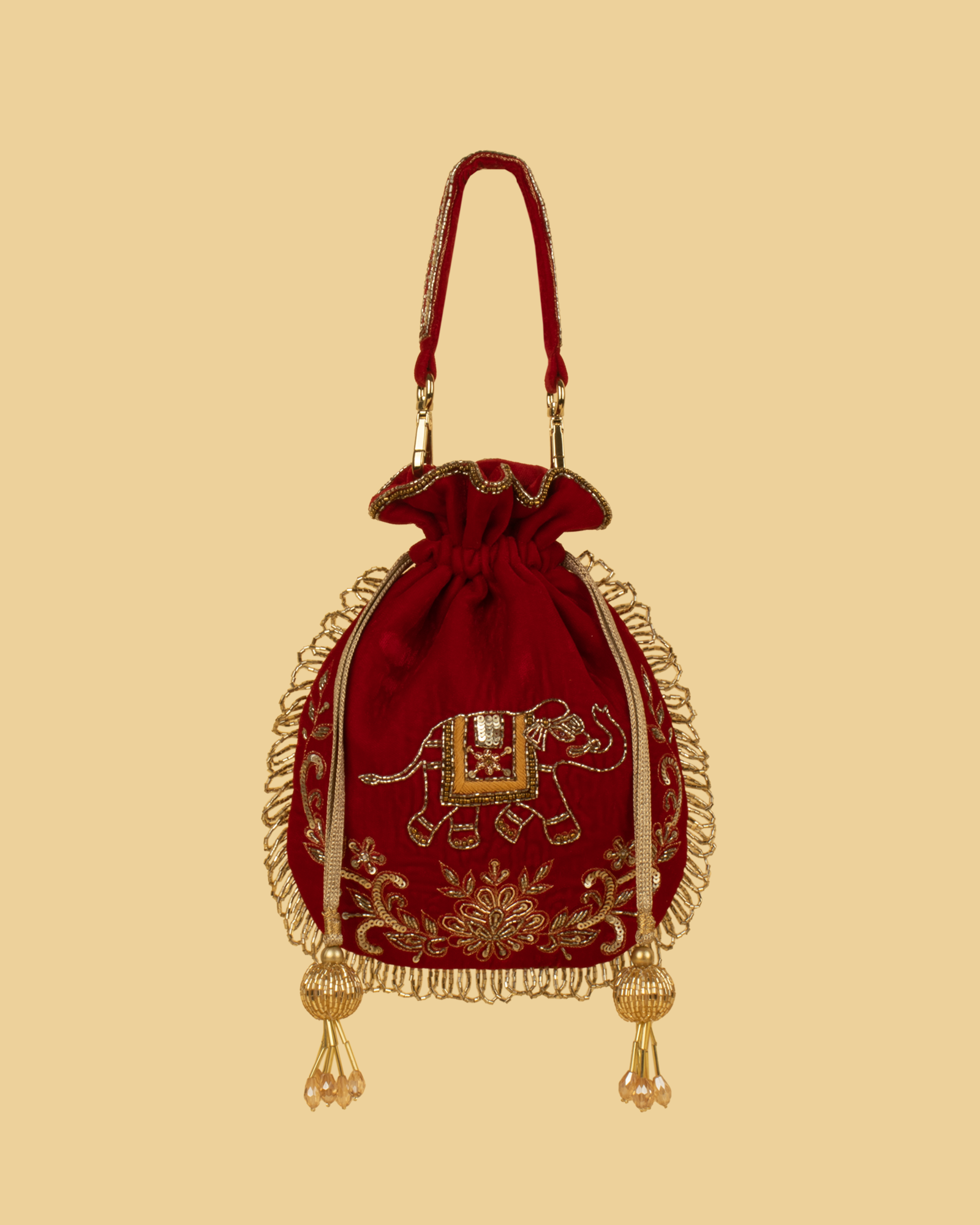 VARA Velvet Elephant Motif Potli Bag - Maroon