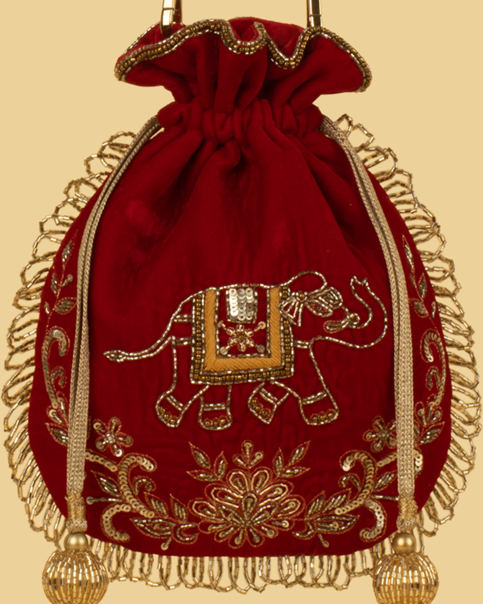 VARA Velvet Elephant Motif Potli Bag - Maroon
