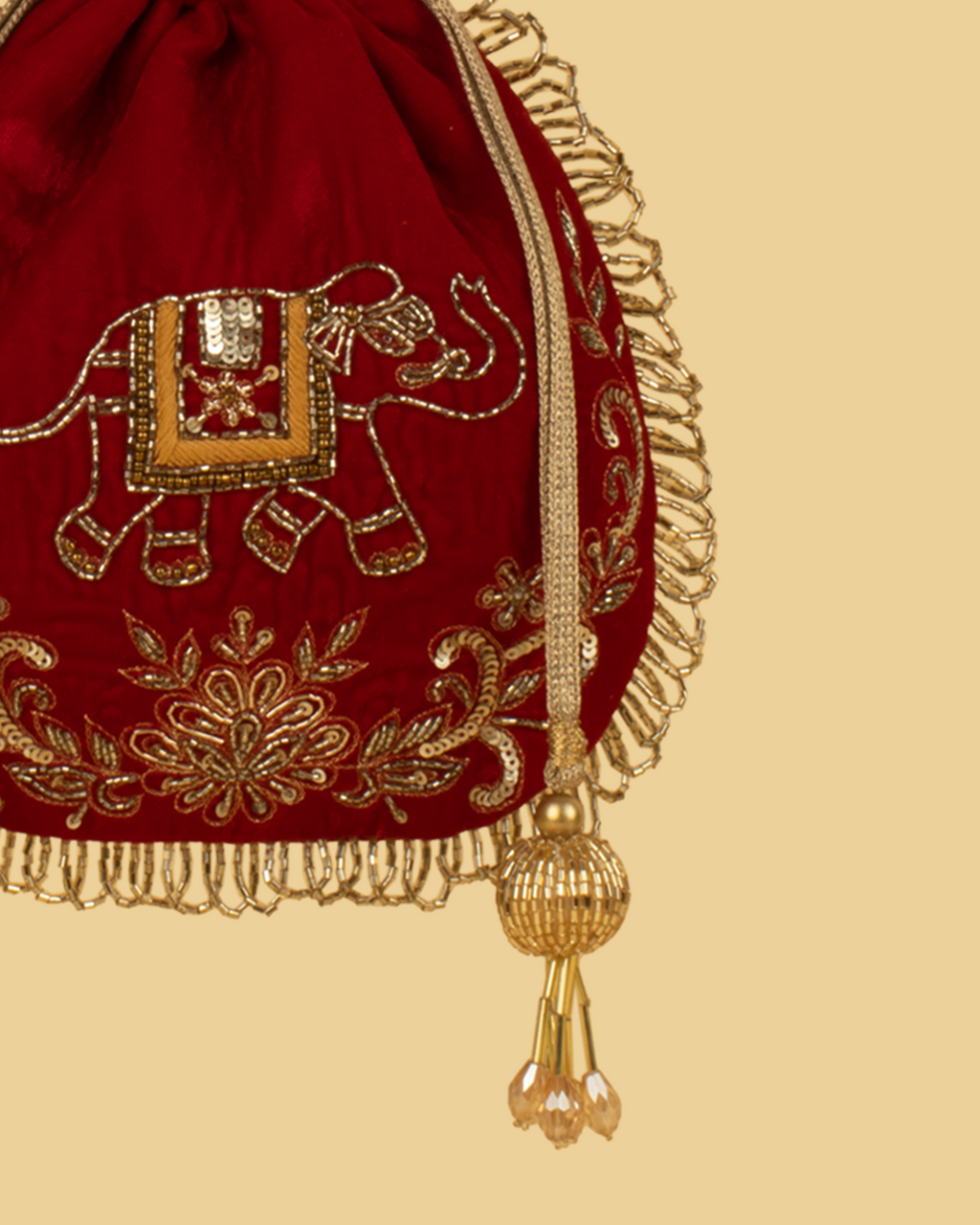 VARA Velvet Elephant Motif Potli Bag - Maroon