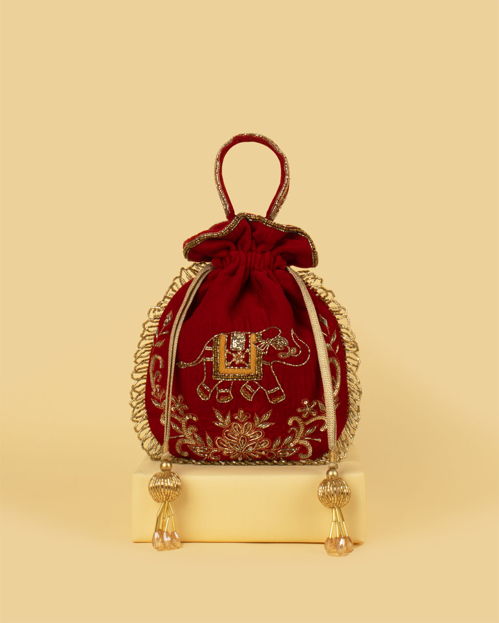 VARA Velvet Elephant Motif Potli Bag - Maroon