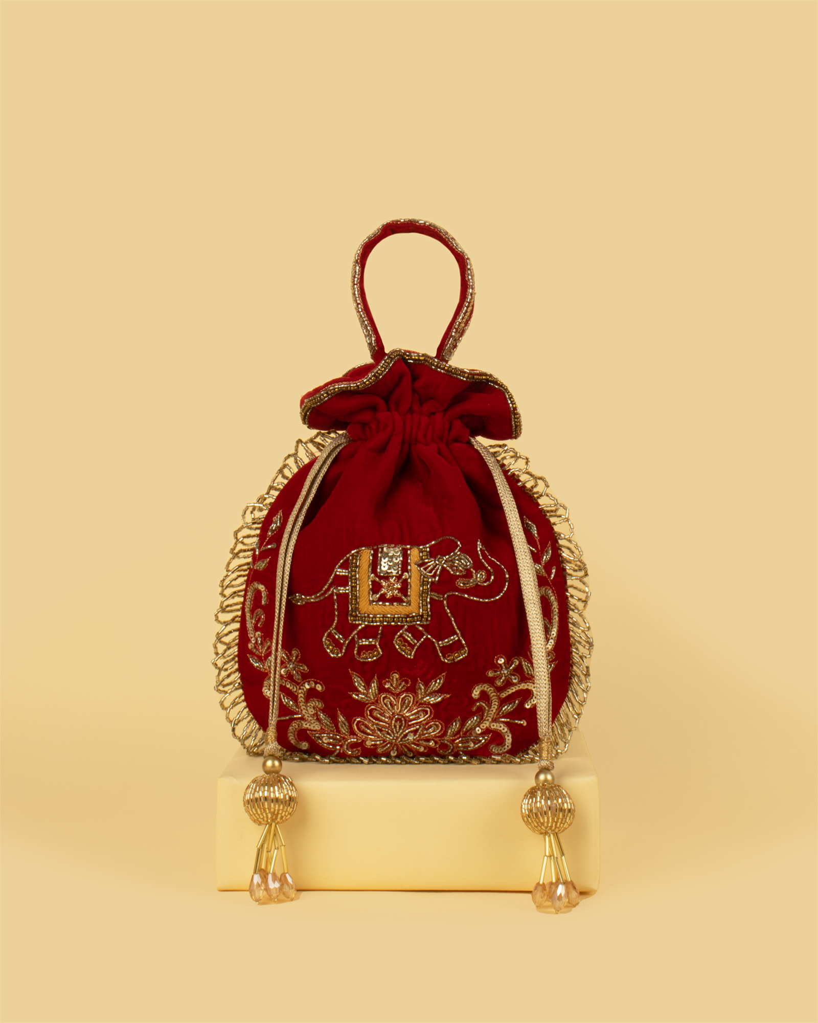 VARA Velvet Elephant Motif Potli Bag - Maroon