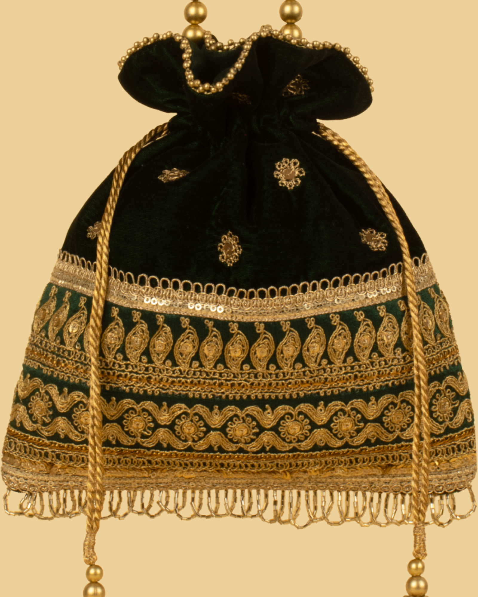 KAVYA Velvet Heritage Potli Bag - Bottle Green