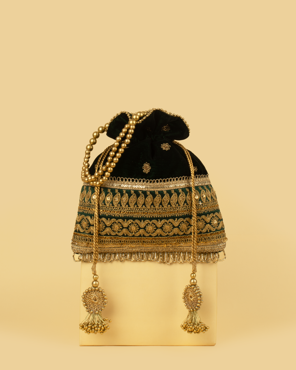 KAVYA Velvet Heritage Potli Bag - Bottle Green