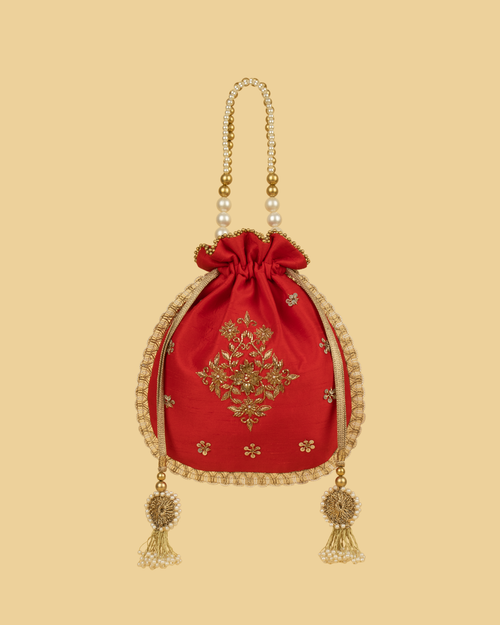 ANVI Silk Heritage Potli Bag - Red