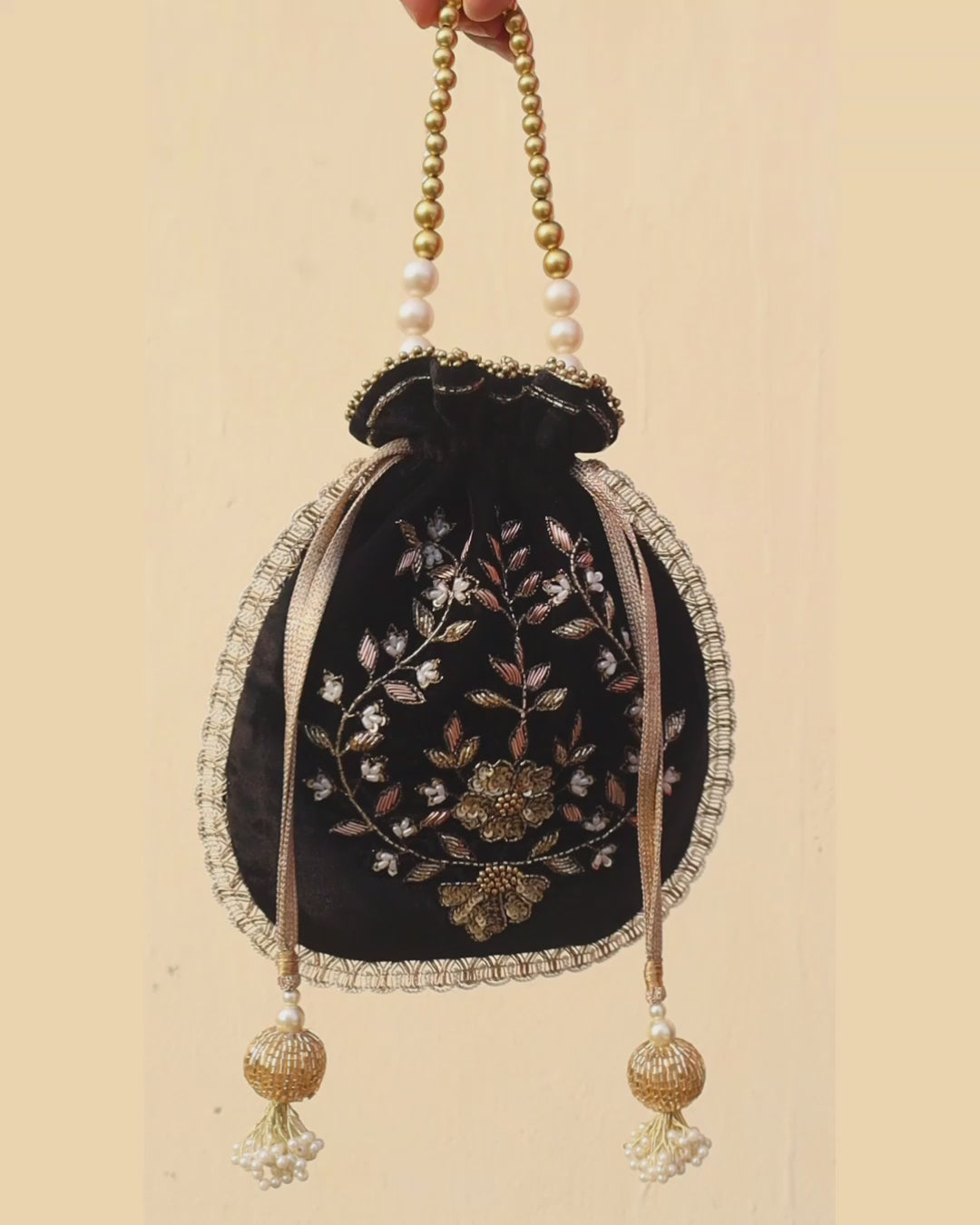 MEHER Velvet Embroidered Potli Bag - Black
