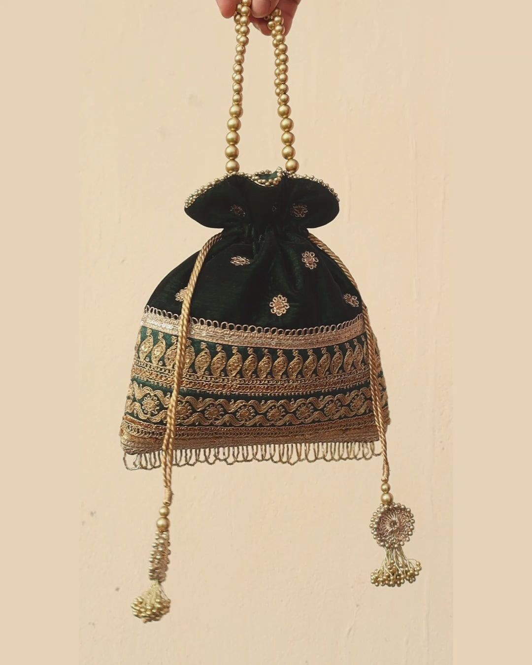 KAVYA Velvet Heritage Potli Bag - Bottle Green