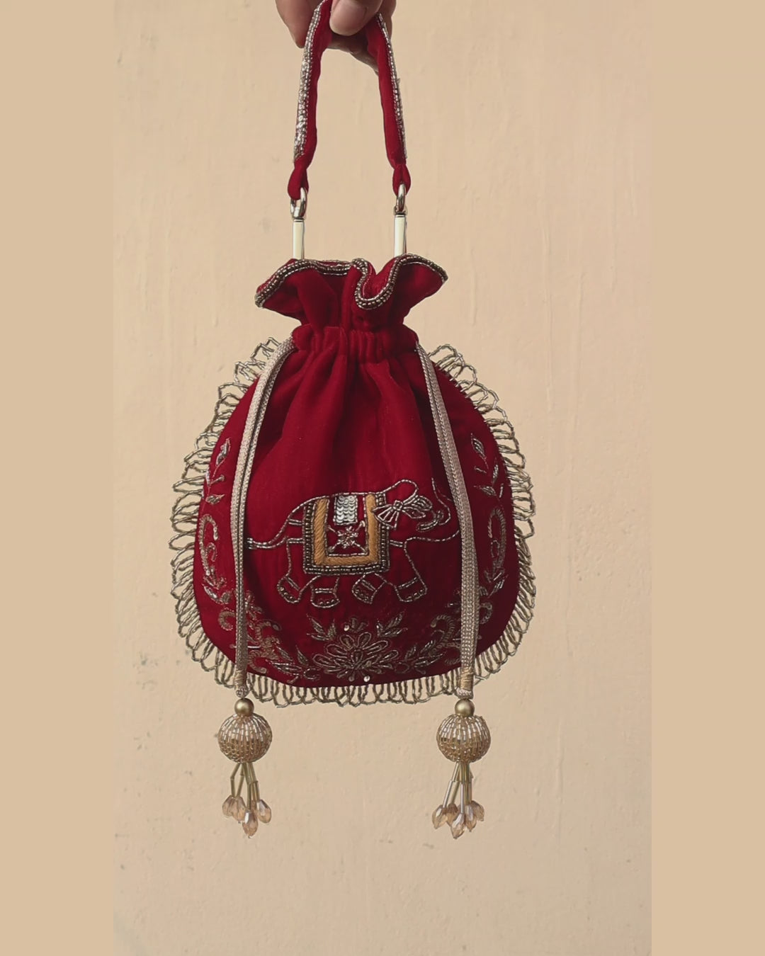 VARA Velvet Elephant Motif Potli Bag - Maroon